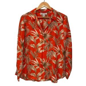 Tommy Bahama Silk Button Down Shirt Women's Large Bright Red Palm Tree Tropical
